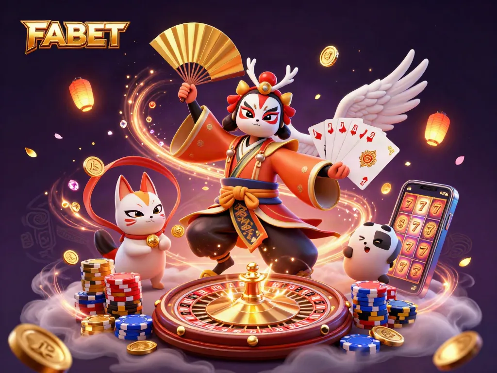 FABET casino illustration featuring a kabuki warrior and kitsune mask amid dynamic gambling elements, showcasing excitement.