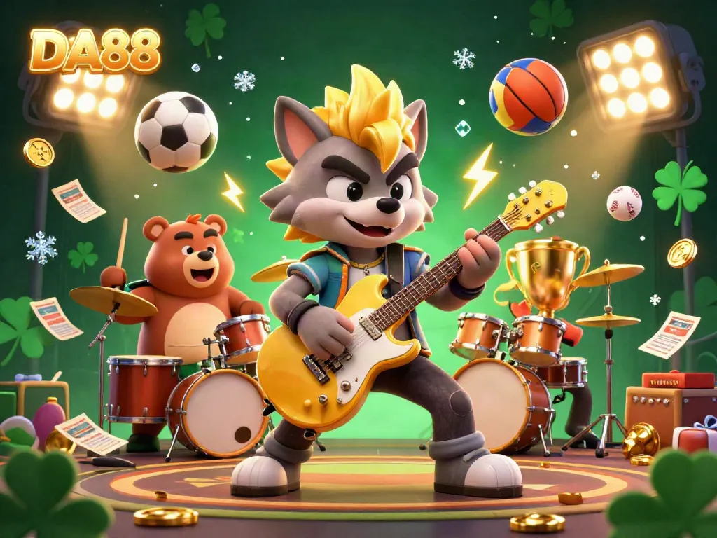 Engage with DA88's thrilling gaming atmosphere featuring a cartoon wolf and bear in a dynamic casino scene.