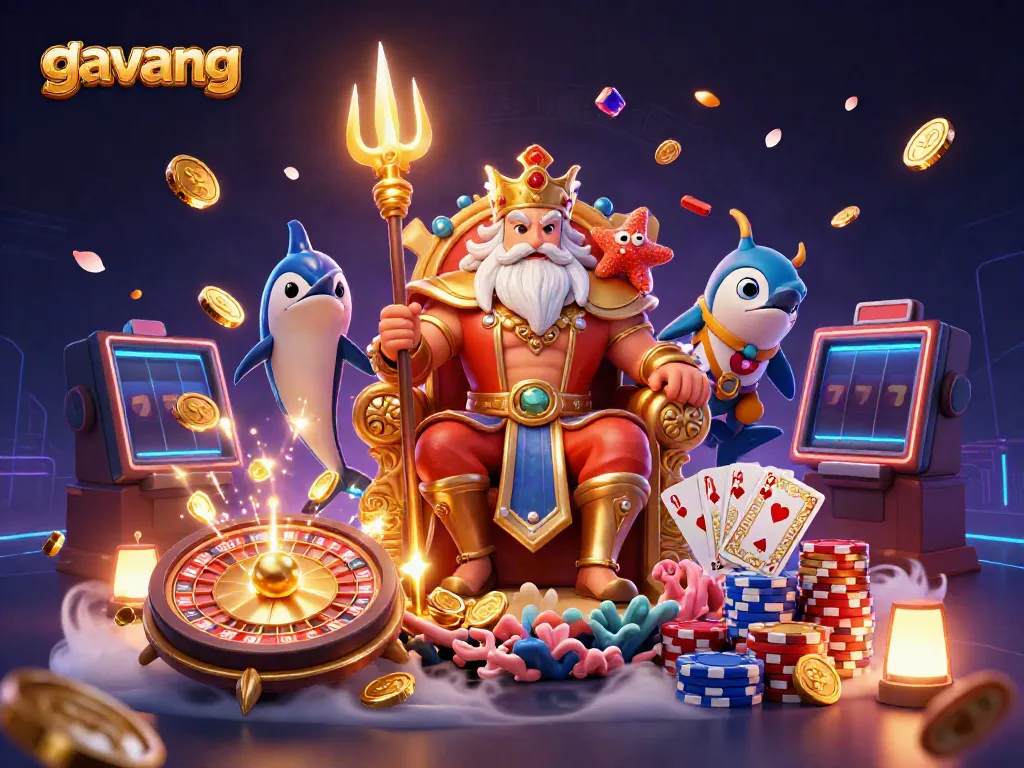 Experience thrilling gameplay at Gavang with a vibrant scene of Neptune and treasures in a lively casino.