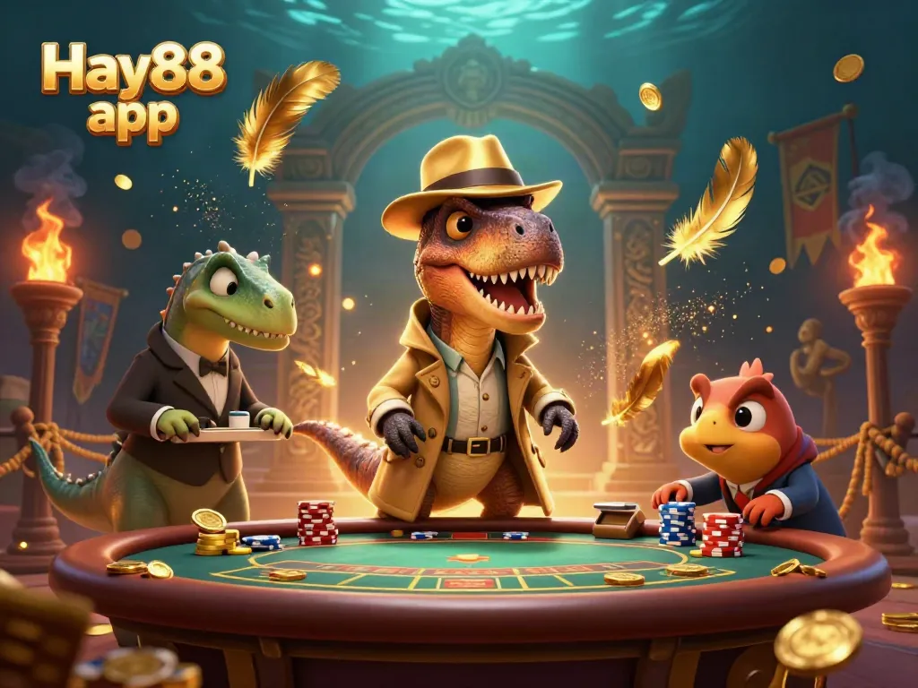 Join the Hay88 app as a velociraptor card counter at a bustling blackjack table surrounded by dynamic casino elements.