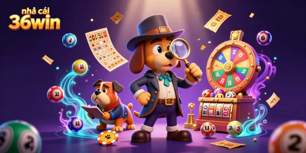 Nhà cái 36win showcases a colorful 3D casino scene featuring detectives and vibrant gaming elements.