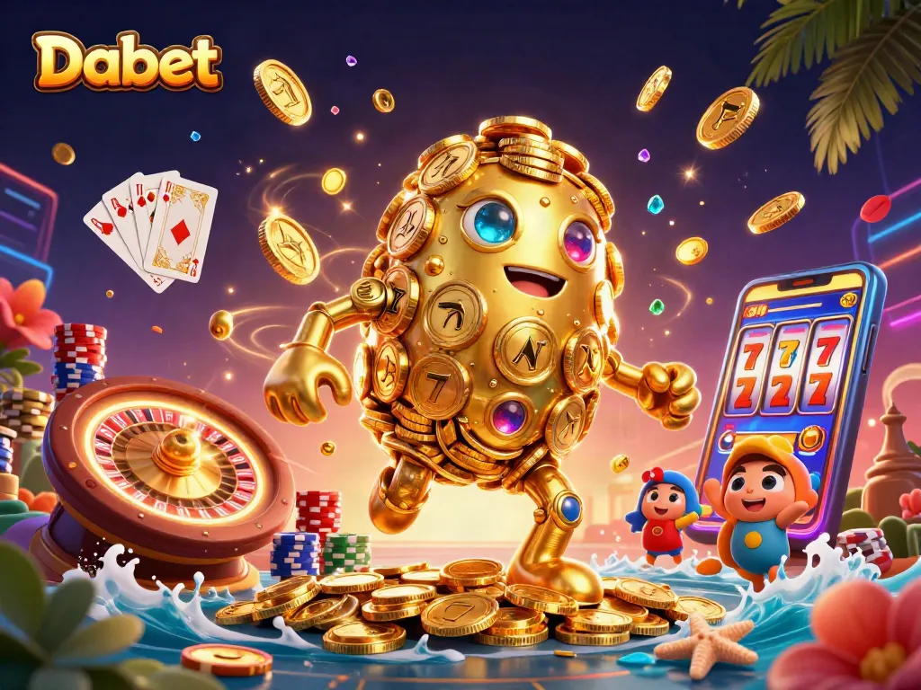 Experience the excitement of Dabet with a dynamic scene of golden golem and casino elements.