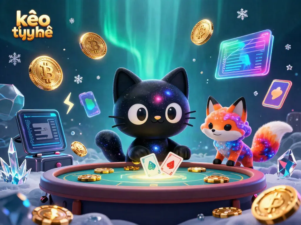 Experience kèo trực tuyến excitement as a cosmic cat collects glowing chips at a dynamic casino table.