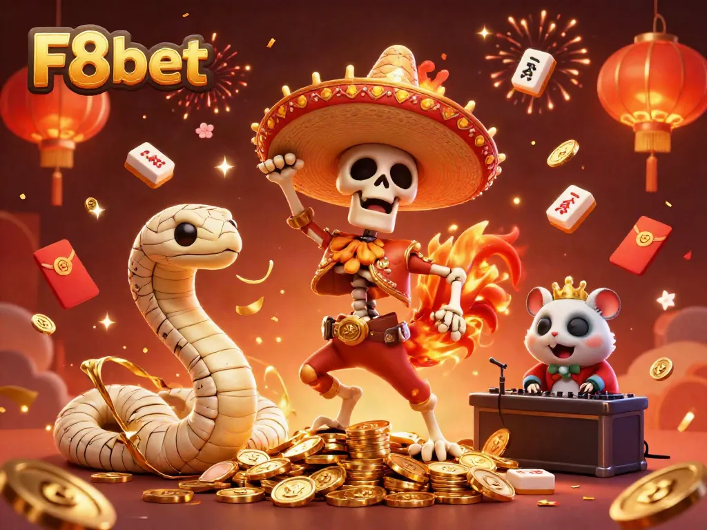 Experience thrilling gaming moments at F8bet with a festive 3D celebration of casino characters and elements.