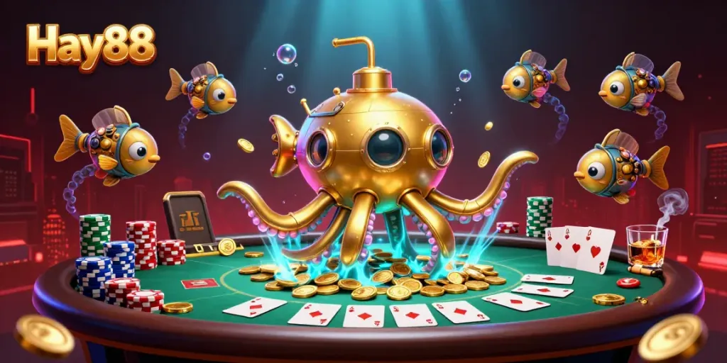 Experience thrilling gameplay with Hay88’s vibrant casino adventure featuring a golden kraken and poker excitement.