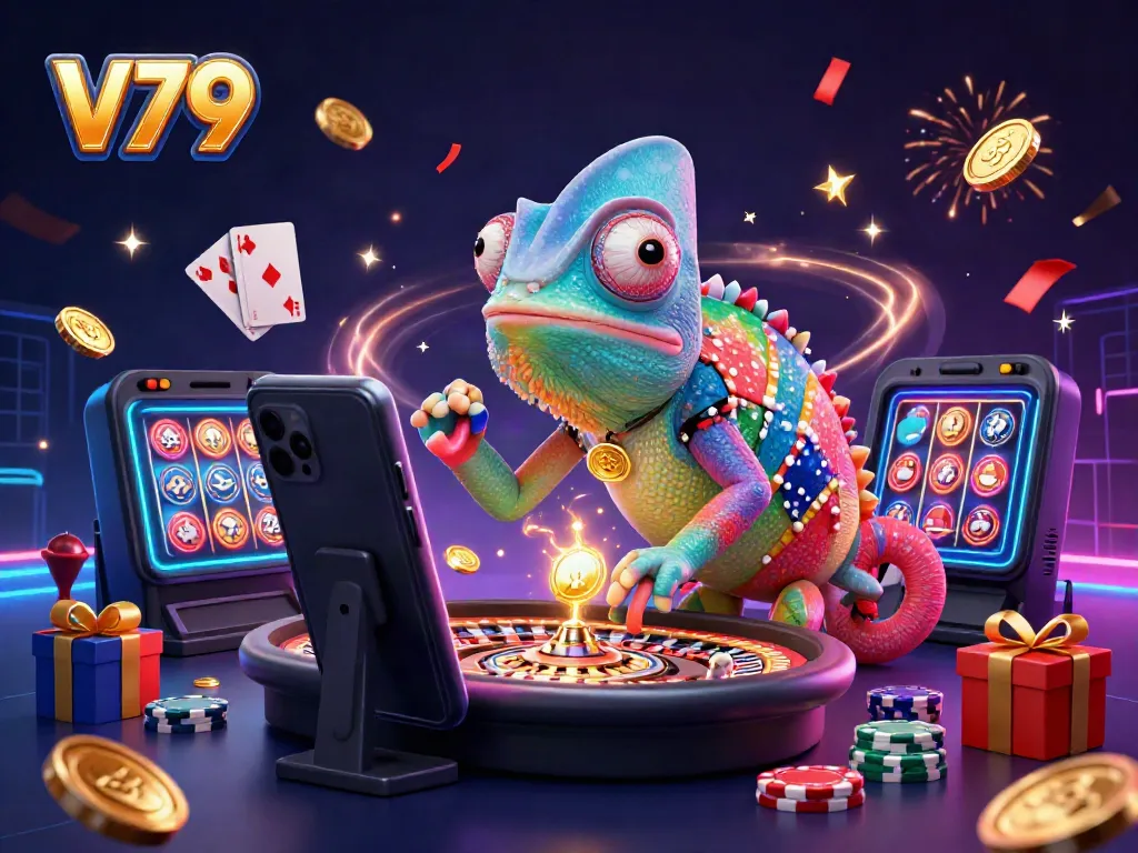 V79 chameleon casino owner collects golden coins while showcasing vibrant gambling elements in a dynamic 3D scene.