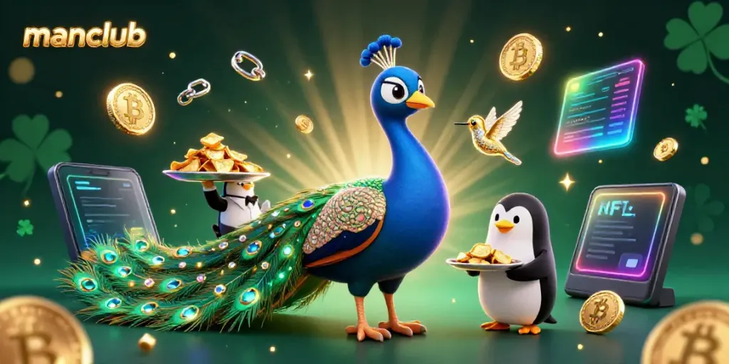 Experience manclub's vibrant gaming scene with a stunning peacock, butler penguin, and dynamic crypto elements.
