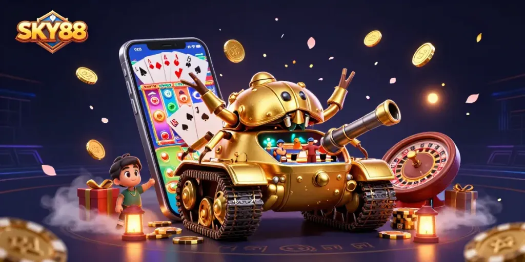 Experience thrilling games at SKY88, with a dazzling casino scene featuring vibrant graphics and lively gaming elements.