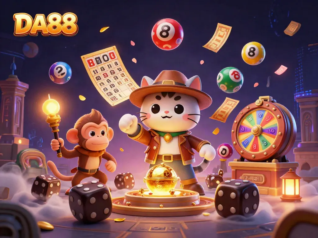 Engage in the thrill of DA88, as a cat archaeologist uncovers a golden casino artifact amidst a vibrant scene of luck and chance.