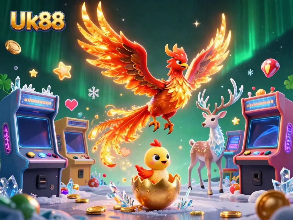 Experience the thrill of Uk88 as a phoenix and gaming elements illuminate this dynamic casino scene.