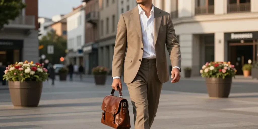 Stylish man in Men's Classic Clothing walking through an urban plaza.