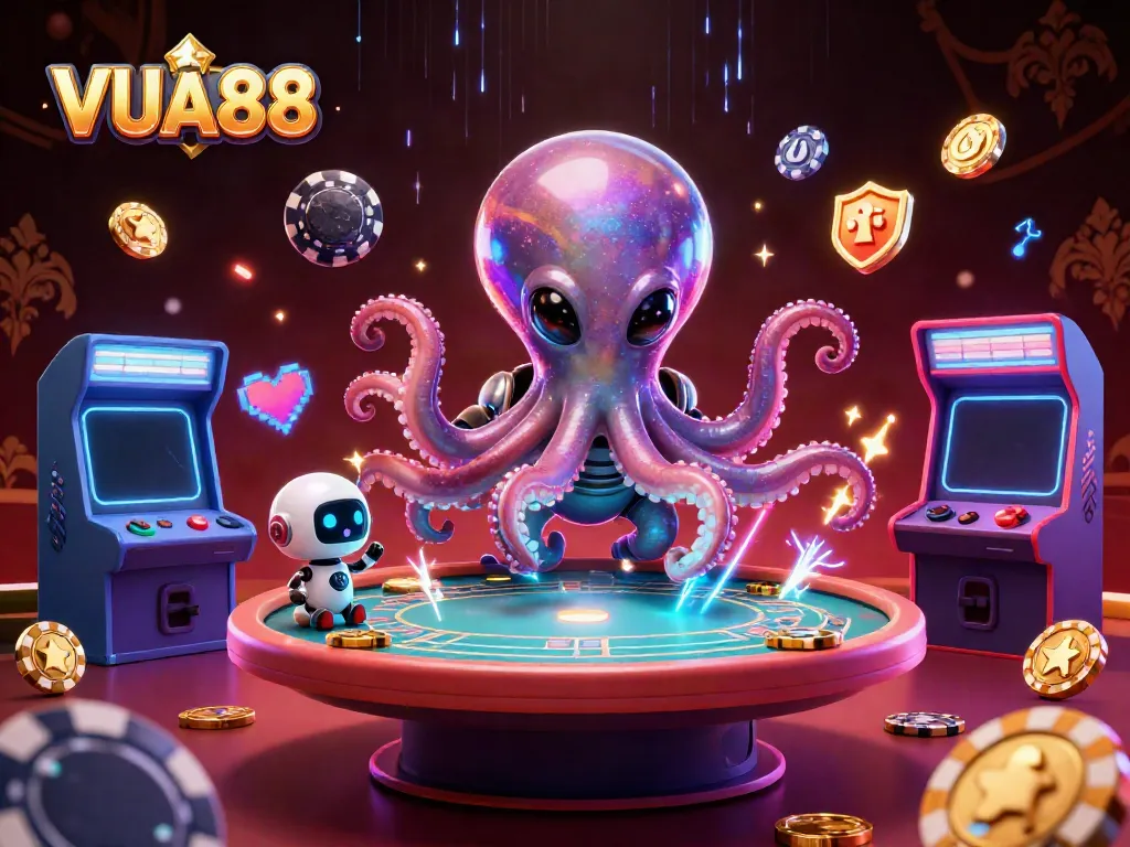 VUA88 alien octopus exploring a vibrant 3D casino with dynamic arcade games and poker elements