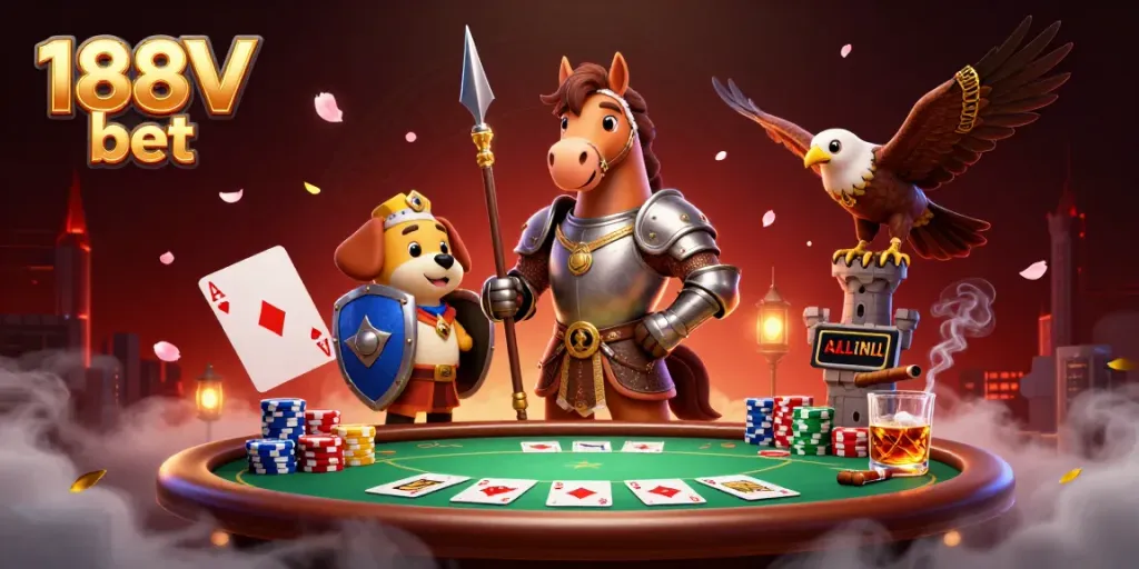 Experience thrilling gameplay at 188V bet with a lively poker scene featuring vibrant characters and dynamic elements.