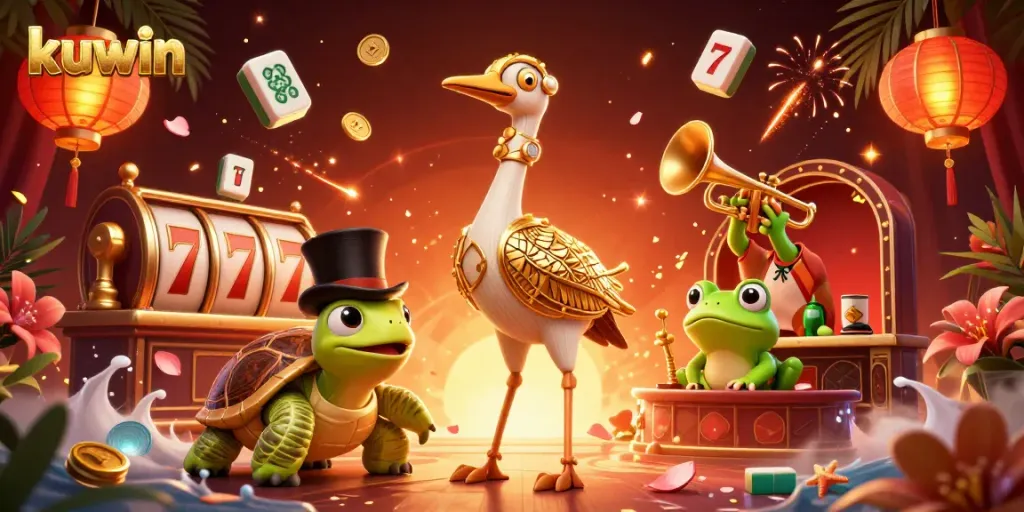 Kuwin's exciting online gaming scene, featuring vibrant characters amidst dynamic slot elements and festive decorations.