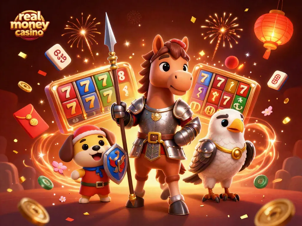 Engage with a vibrant real money casino scene featuring dynamic slot games and festive elements.