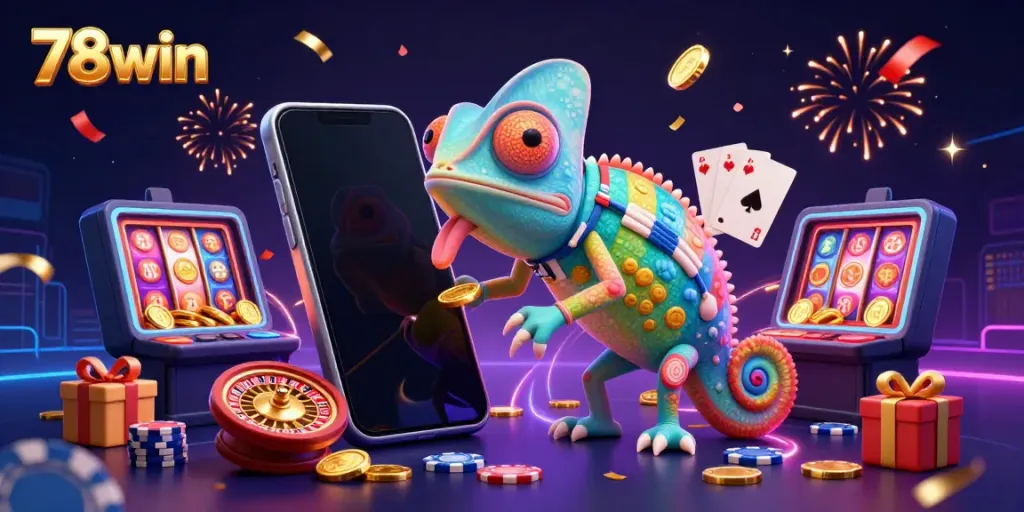 Experience vibrant gaming action with 78win's chameleon casino owner in a dynamic illustration.