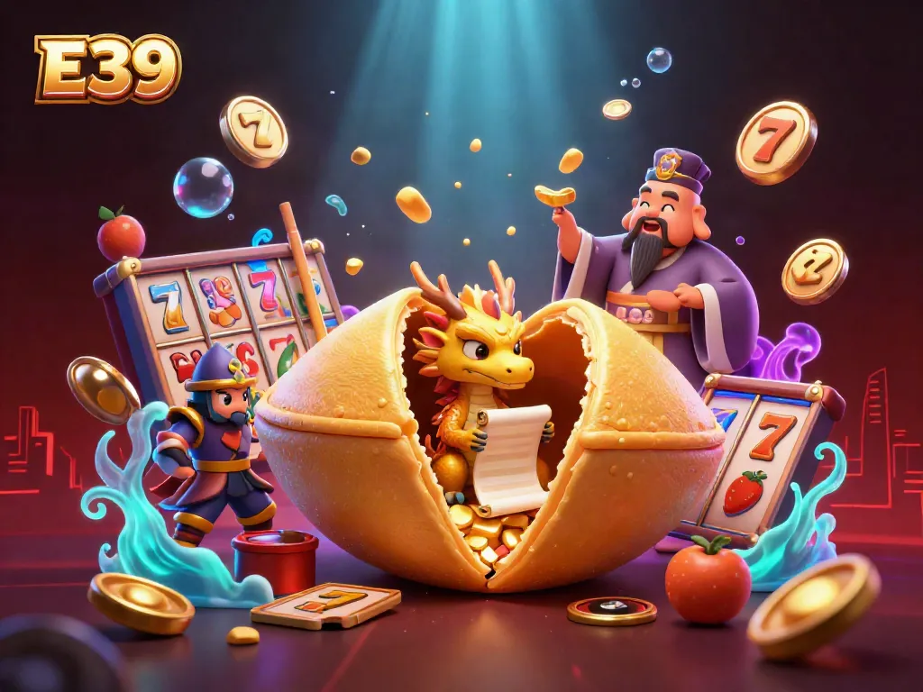 Spin the reels at E39 Casino with captivating golden fortune cookie and wise dragon elements.