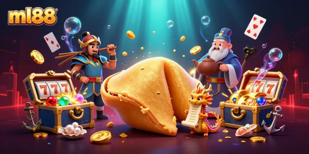 Engage in thrilling casino games with ml88, witnessing a dynamic scene with golden fortune elements.