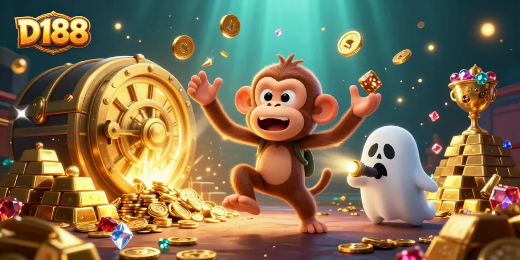 Engage with D188's thrilling haunted casino scene featuring a mischievous poltergeist monkey.