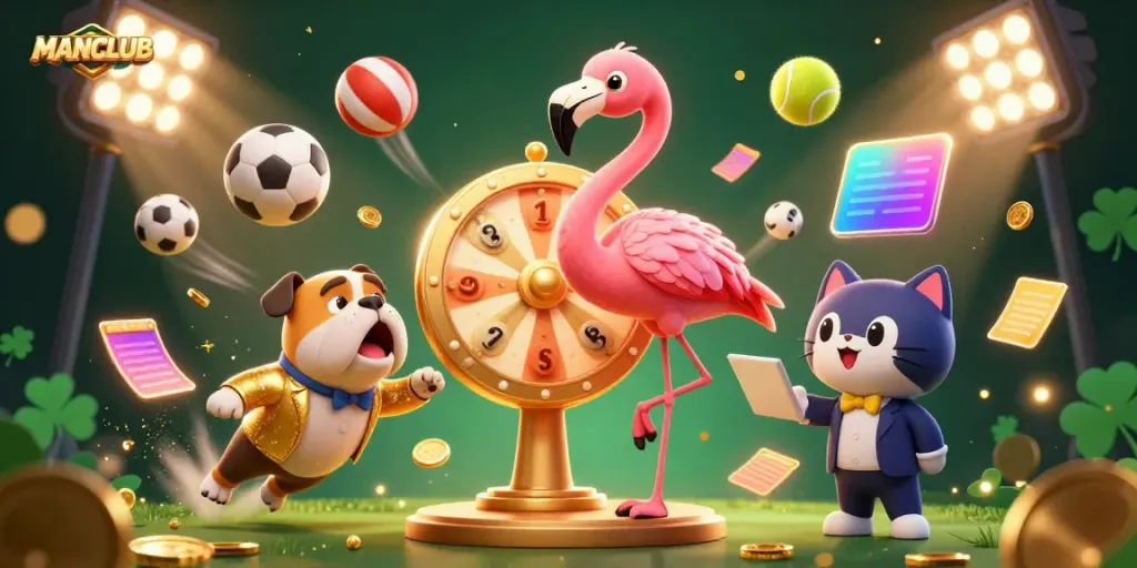 MANCLUB's dynamic prize wheel scene with cartoon characters and casino elements.