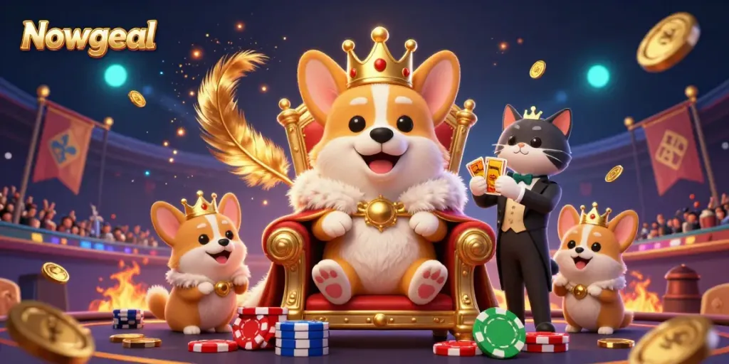 Experience thrilling betting action at Nowgoal with a royal-themed digital illustration featuring a corgi on a poker chip throne.