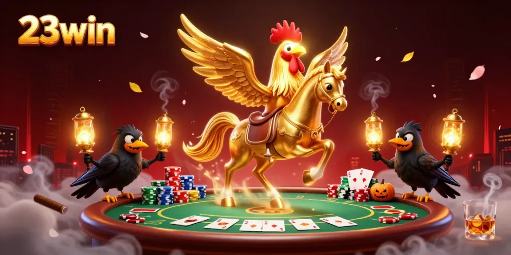 Experience the thrill of 23win with a dynamic casino scene featuring a golden rooster and friends.