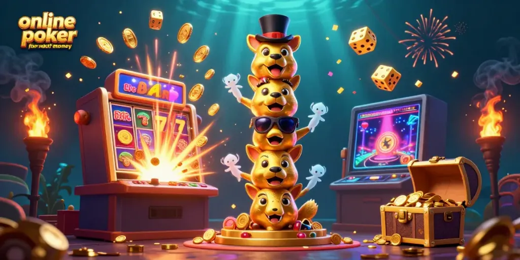 Engage in exciting online poker games for real money with this vibrant illustration featuring dynamic casino elements and animated characters.