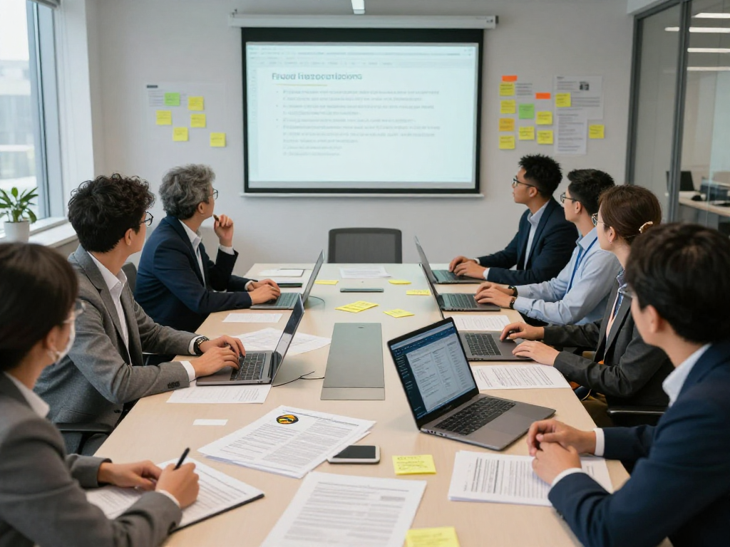 Team discussing document fraud detection strategies in a workshop setting with laptops and documents.