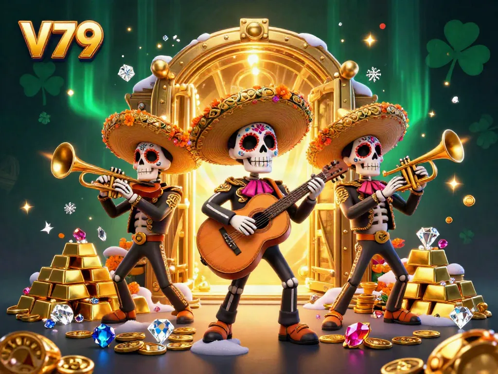 V79 players enjoy thrilling moments with a colorful mariachi band amidst treasure and casino elements.