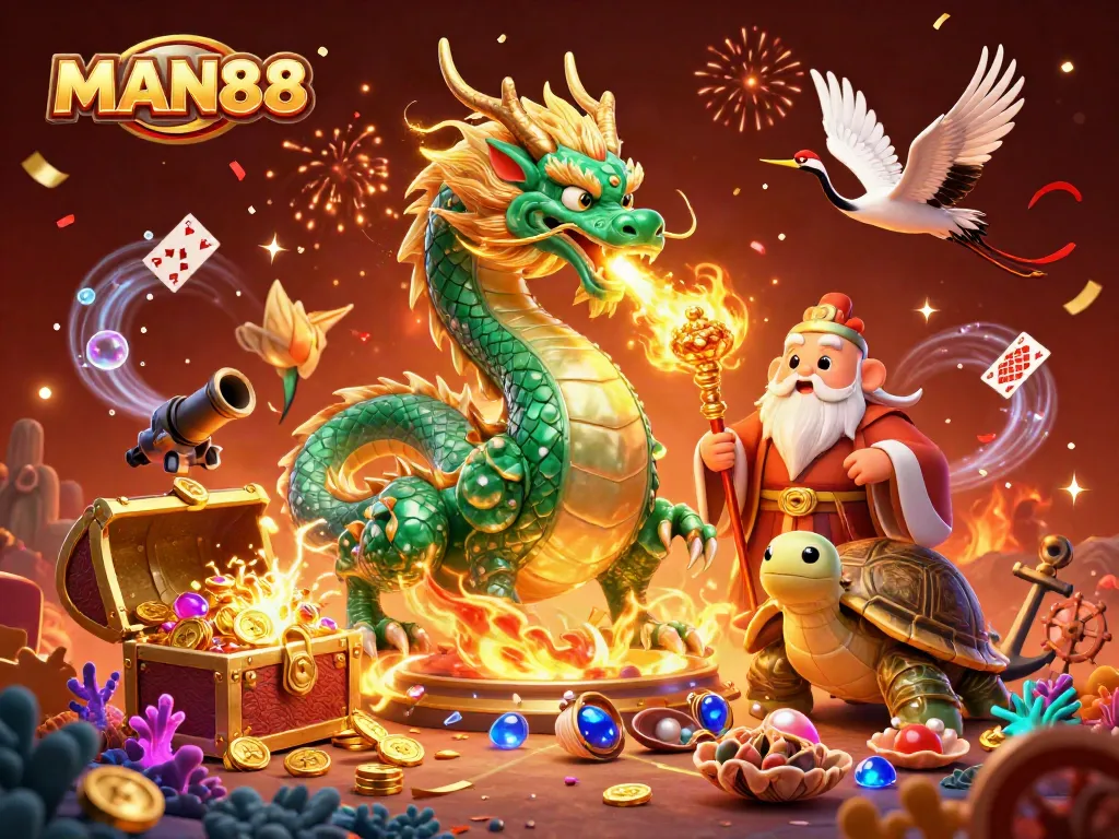 Experience thrilling gaming action at MAN88 with vibrant characters and dynamic casino elements galore.