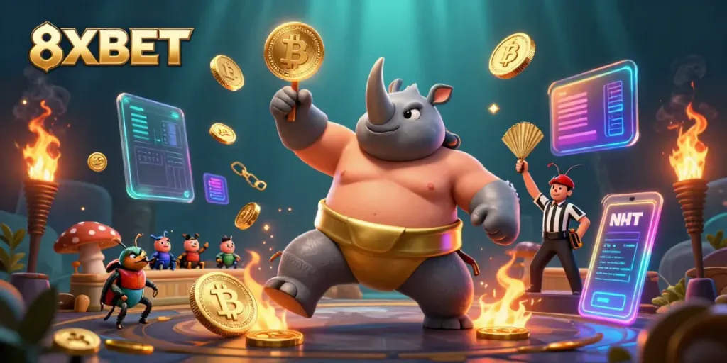This illustration showcases the vibrant energy of 8XBET with a sumo beetle champion celebrating amidst coins and crypto elements.