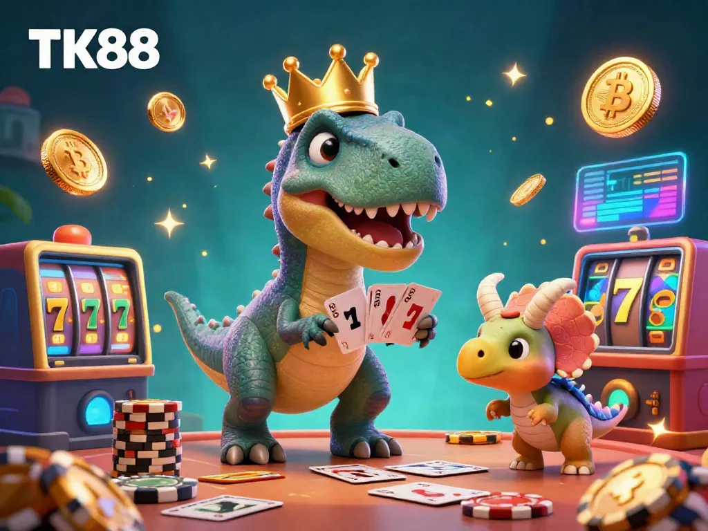 Experience gambling at TK88 with a whimsical T-Rex, pterodactyl, and triceratops in a colorful casino scene.