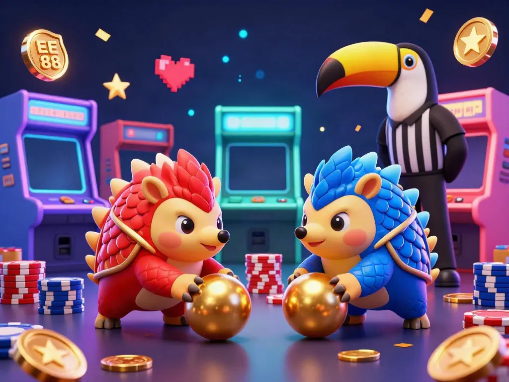 Compete with EE 88's colorful gaming scene featuring rival pangolins and vibrant casino elements.