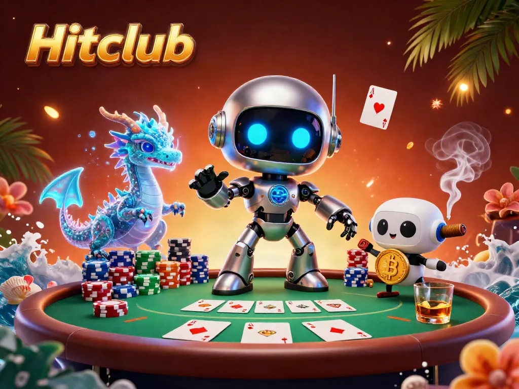 Hitclub brings excitement as the cyberpunk robot and companions engage with vibrant poker gameplay.