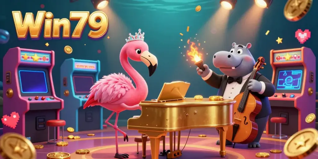 Experience the Win79 casino excitement with a lively flamingo singer and hippo bassist in this vibrant illustration.