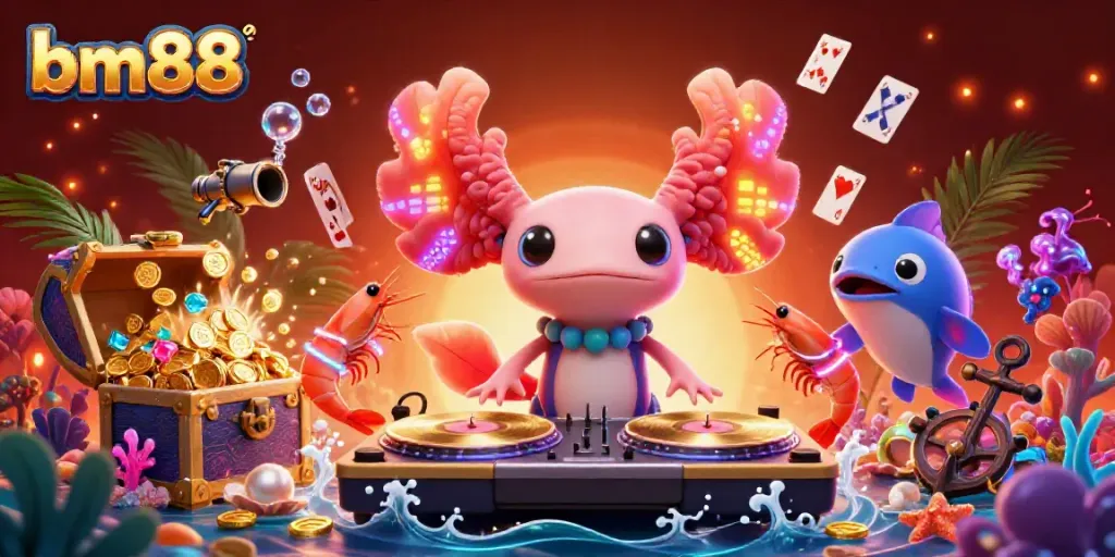 Experience the vibrant world of bm88 with a neon axolotl DJ and lively sea creatures surrounded by underwater treasures.