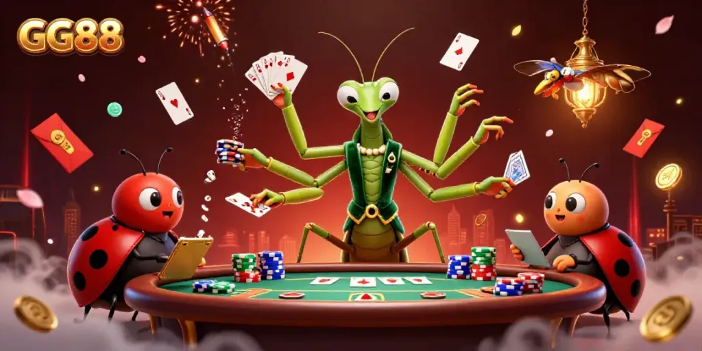 GG88 players enjoy an exciting poker game amidst fireworks and vibrant casino elements.