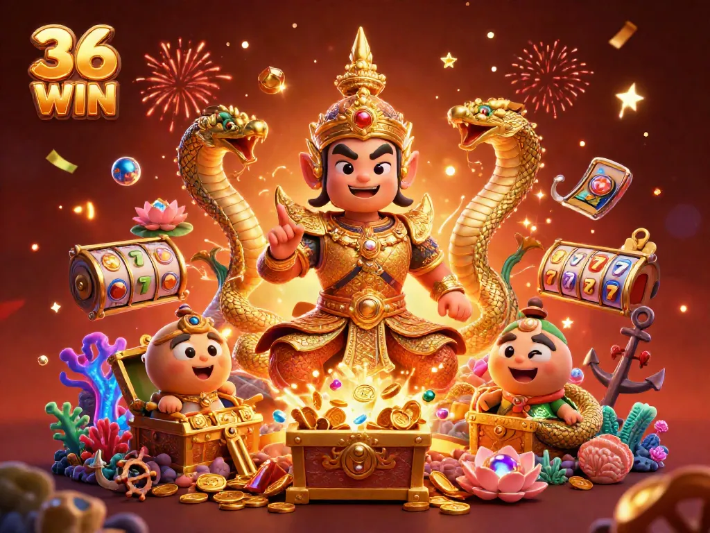Experience the excitement of 36 WIN with vibrant 3D visuals, golden guardians, and thrilling casino elements.