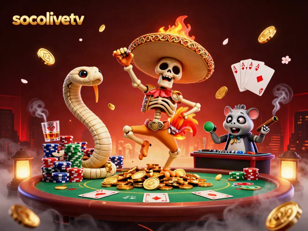 Experience the vibrant celebration of "socolivetv" with a mariachi rooster and gaming atmosphere.