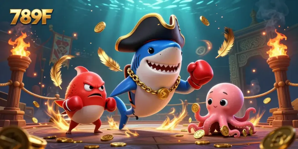 Experience thrilling action with 789F as a cartoon pirate shark, pufferfish, and octopus celebrate winning bets