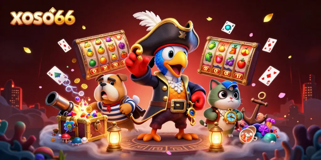 Xoso66 players spinning slot reels in a vibrant, action-packed casino scene filled with treasure