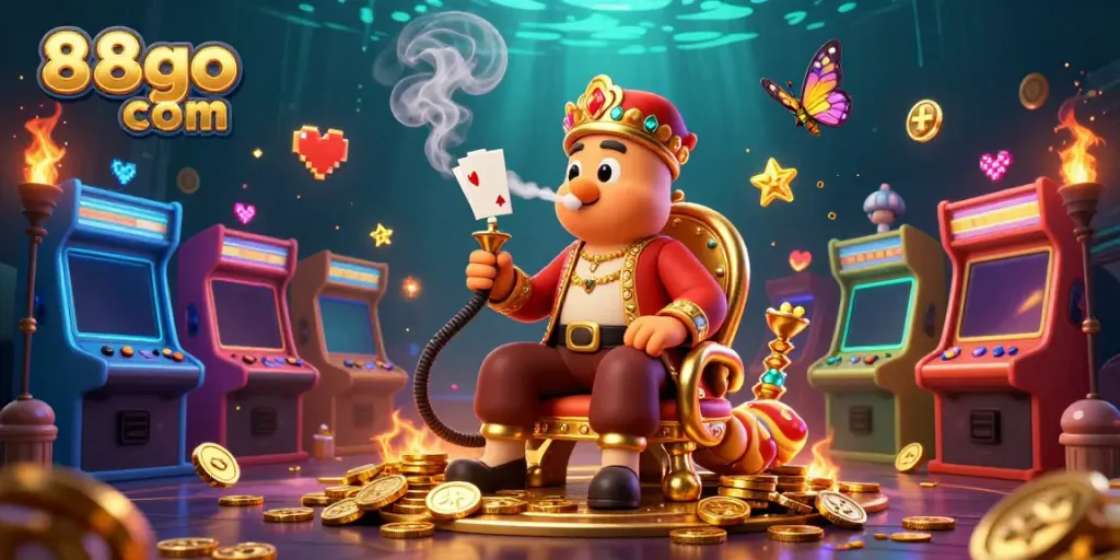 Engage with 88go com's vibrant scene of a caterpillar hookah-master in a casino, enjoying poker and arcade elements.