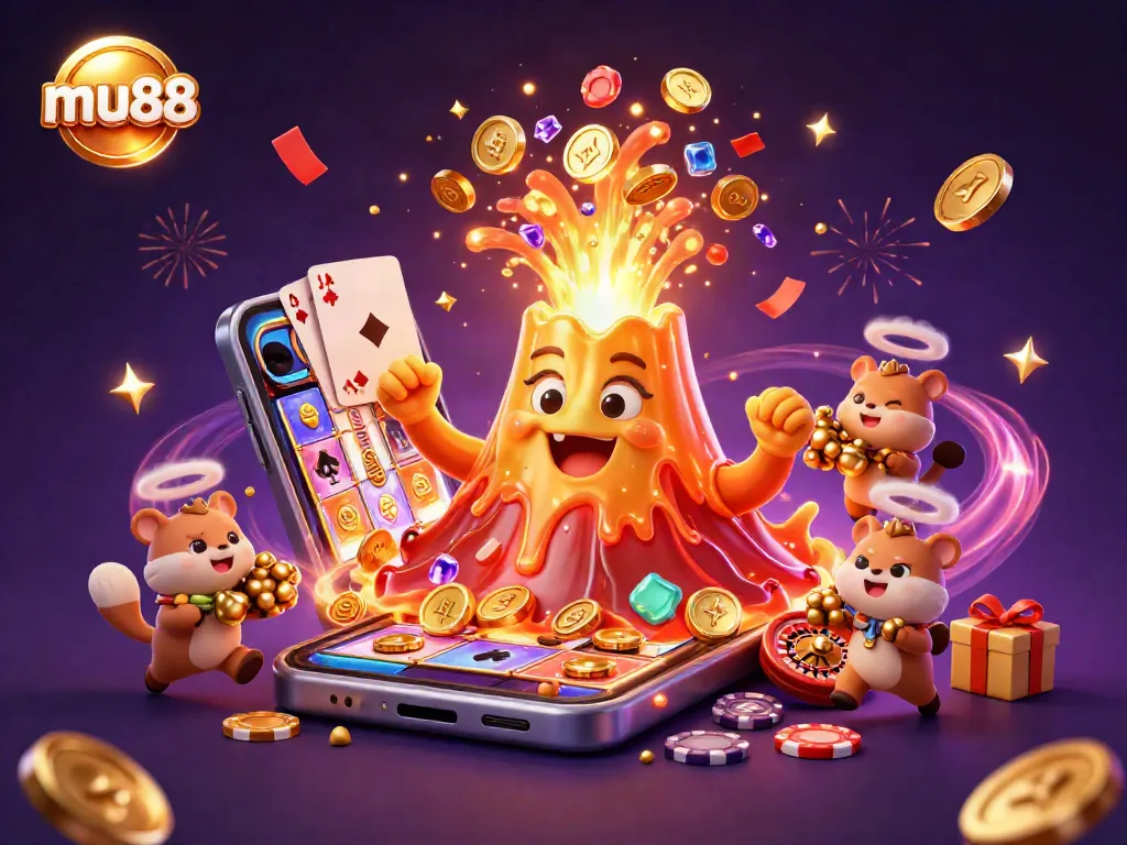 Experience the thrill of mu88 as the golden volcano erupts with coins amidst a dynamic casino scene.