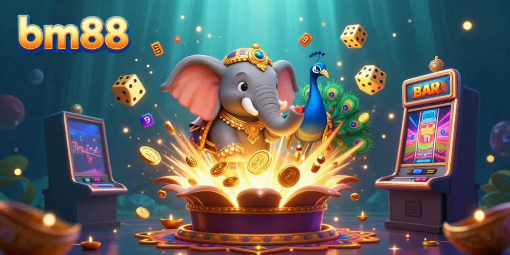 Experience win after win at bm88 with an enchanting 3D casino scene featuring vibrant symbols, characters, and jackpot excitement.