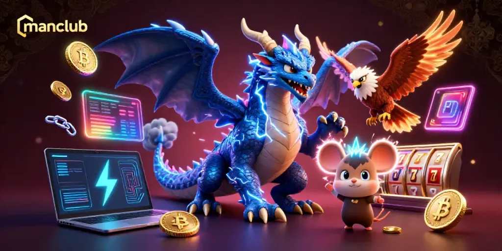 Join the action at Manclub with a vibrant 3D dragon and dynamic gaming elements.