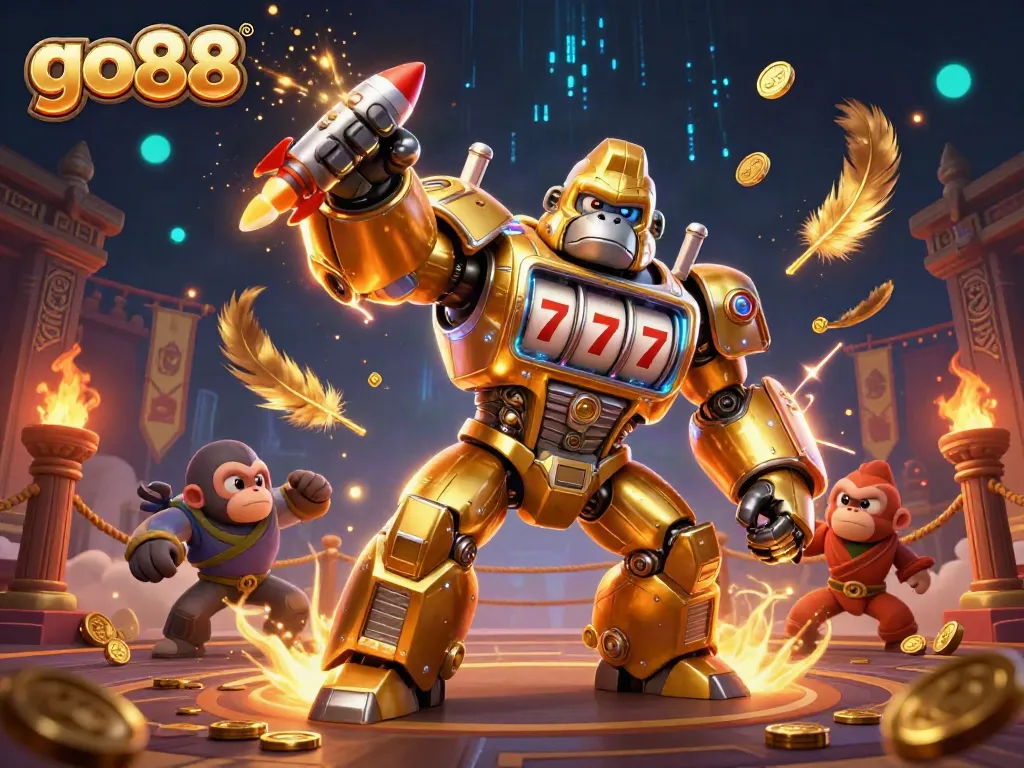 Experience the thrill of go88 with a golden gorilla mech amidst casino excitement and winning moments.