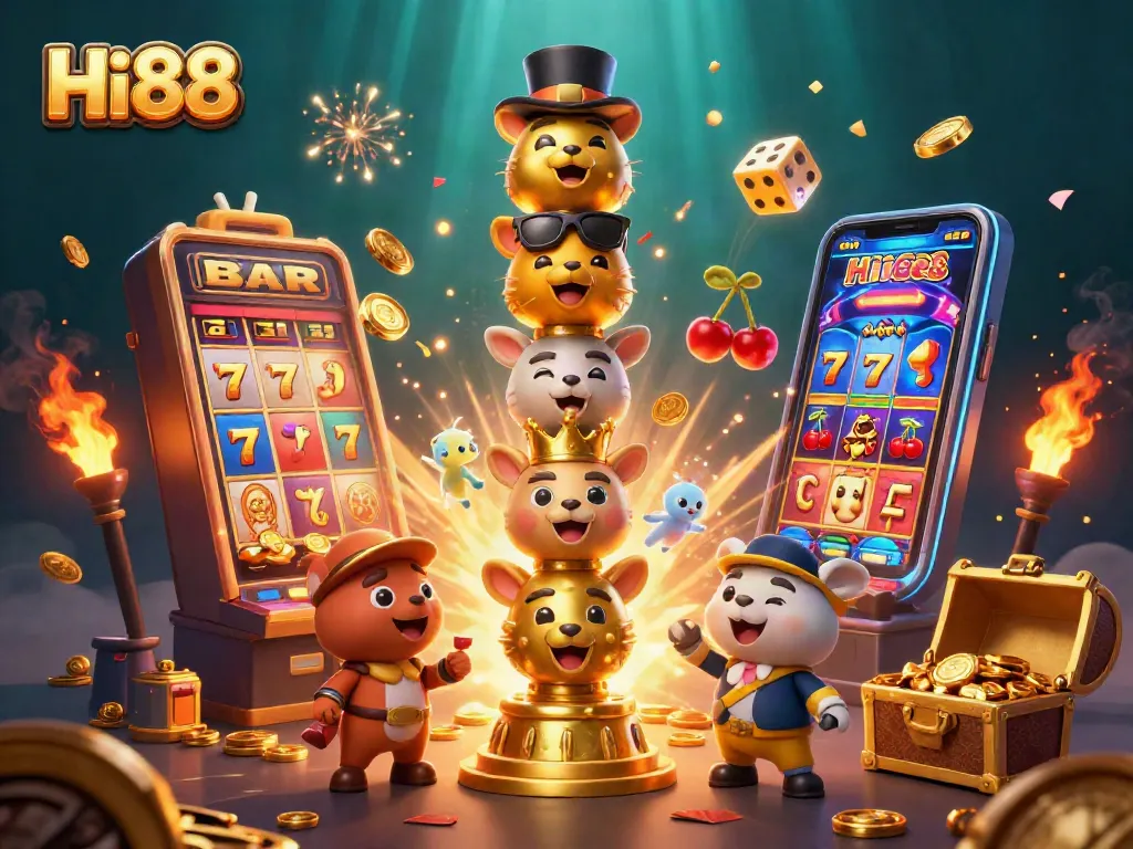 Spin for excitement at Hi88, featuring a lively scene with a golden totem and endless slots!