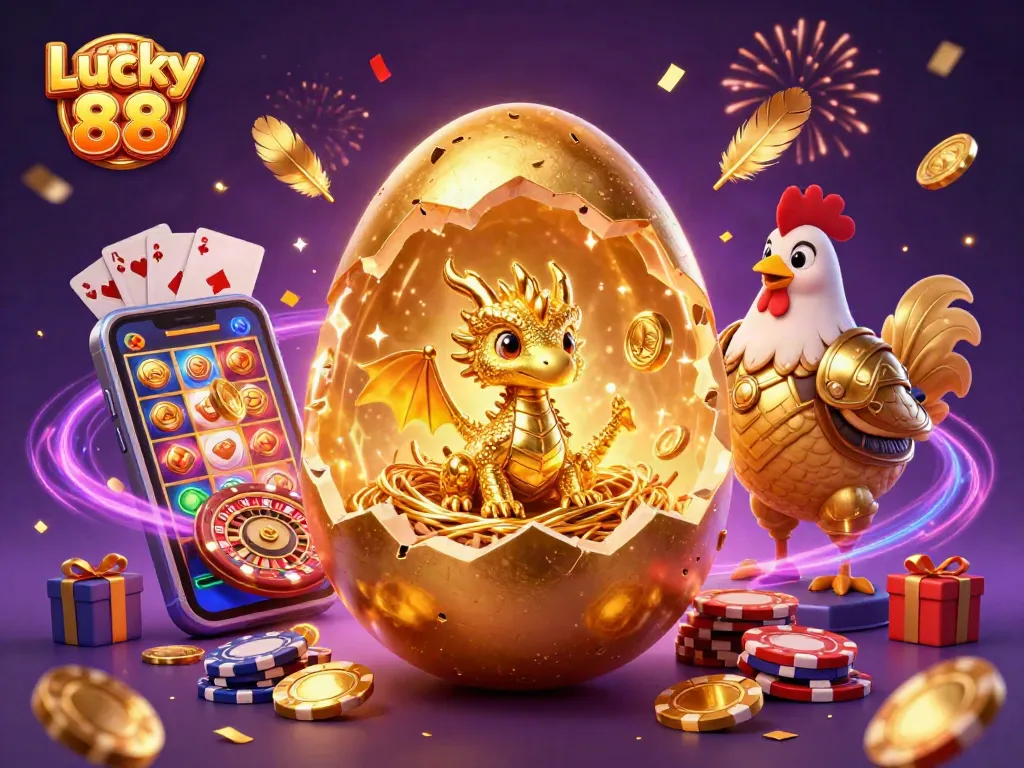 Experience the thrill of Lucky 88 with golden dragon, poker chips, and casino excitement!