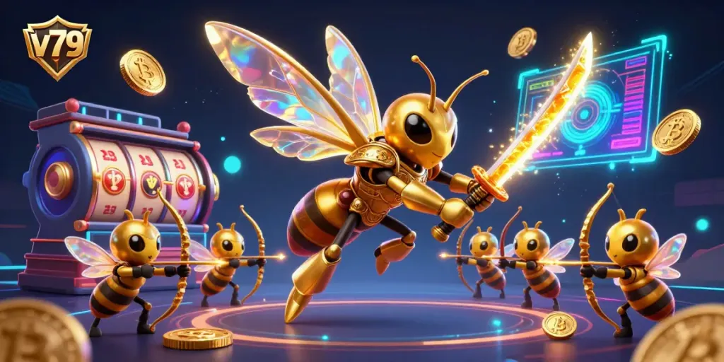 Engage in thrilling gameplay at v79 with a golden hornet warrior amidst neon coins and dynamic energy.