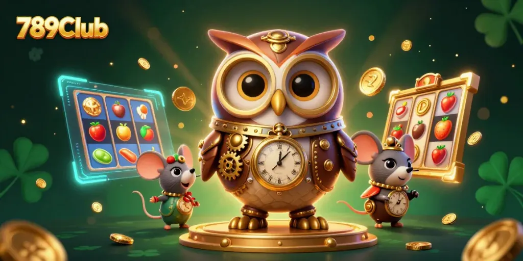 Engage with thrilling slots and jackpots at 789Club, featuring a steampunk owl and futuristic casino elements.
